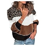 HEYPORK Damen Herbst Winter Warm Bequem Pullover Casual Mode Strickjacke Strickpullover Frauen Persönlichkeits Colorblock Rundhals Pullover Lockerer Strickpullover(Braun, L)