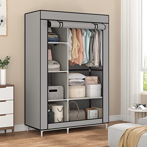Calmootey Closet Storage Organizer,Portable Wardrobe With 6 Shelves And Clothes Rod,Non-Woven Fabric Cover With 4 Side Pockets,Grey #TOP2