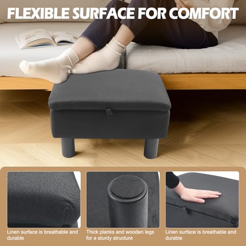 Gemsaya Leinen Pouffe-Fußhocker mit Stauraum, Leinenstoff-Pouf mit Holzbeinen, Aufbewahrungsbox Sitzwürfel mit Deckel für Wohnzimmer Schlafzimmer Flur (Schwarz)