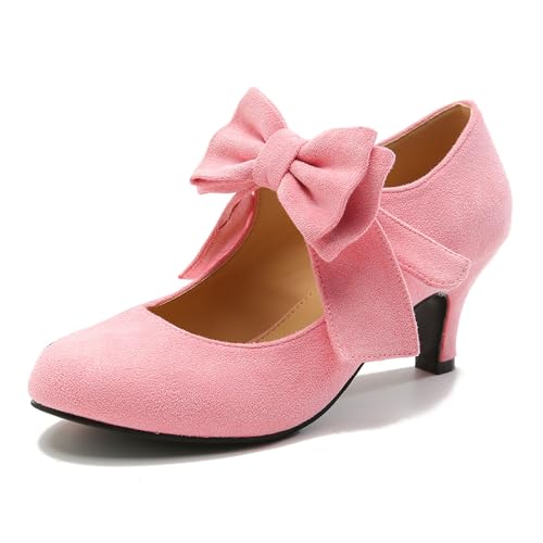 omthaka Women's Bow Mary Jane Kitten Heel Round Toe Low Heels Ankle Strap Dress Evening Party PumpsPink-US11