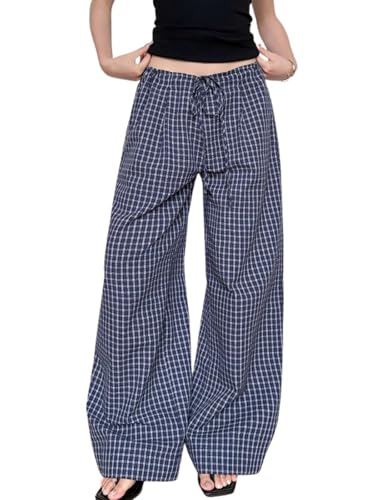 Women's Striped Pants Drawstring Elastic High Waist Loose Wide Leg Plaid Palazzo Pants with Pockets