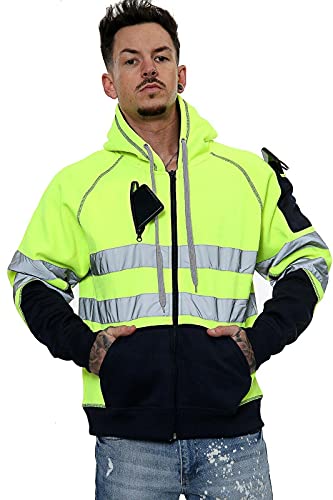 Hamishkane Sweat à capuche réfléchissant haute visibilité en polaire contrastée pour homme, Sweat à capuche zippé avec 3 poches zippées Jaune fluo/bleu marine, S Cover