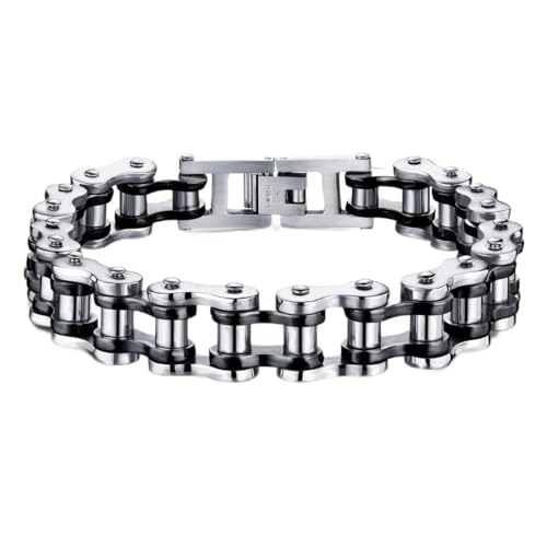 ATEIELLI Homme Bracelet en Acier Inoxydable Moto Chaîne Couleur Argent B301 (Argent-Noir, 21.5)