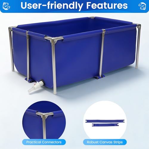 Image of Canvas Above Ground Fish Pond with Steel Frame, Drain Valve, Blue Aquarium Pool, Koi Pond, Foldable Water Storage, Display Show Tank