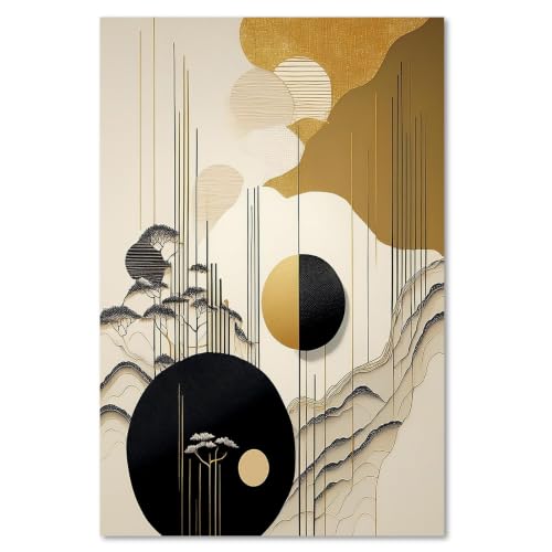 Lienzo abstracto moderno de 40x50 cm, decoración de paisaje con círculos dorados y negros