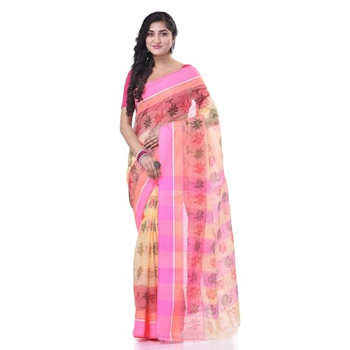 Image of dB DESH BIDESH Women`s Bengal Tant Tree Print Design Pure Handloom Cotton Saree Without Blouse Piece