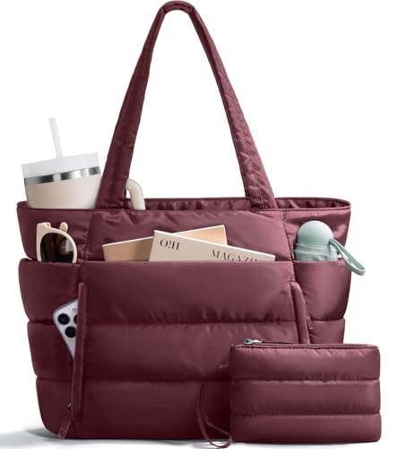 Image of Bagstellar Puffer Tote Bag for Women, Lightweight Puffy Work Handbag Teacher Nurse Quilted Shoulder Bag for School Travel Gym | Cloud Bag w / Zipper