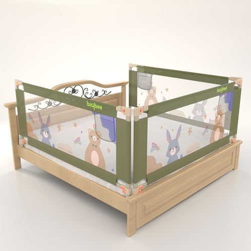Image of BAYBEE Baby Bed Rail Guard (150x80cm) for Baby Safety with 28 Height Adjustable, Portable Bed Side Protector for Babies Falling | Foldable Single Side Bed Railing, 3 Side, (Dark Green)