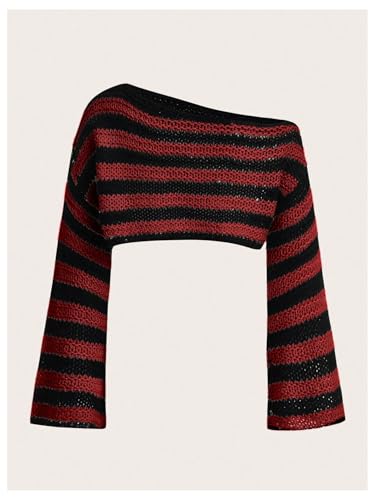 GORGLITTER Women's Y2k Off The Shoulder Top Striped Asymmetrical Crop Sweater Bell Sleeve Pullover Knit Tops2