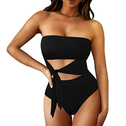 Image of Viottiset Women's Bandeau One Piece Swimsuit Strapless Tie High Cut Out Bathing Suit