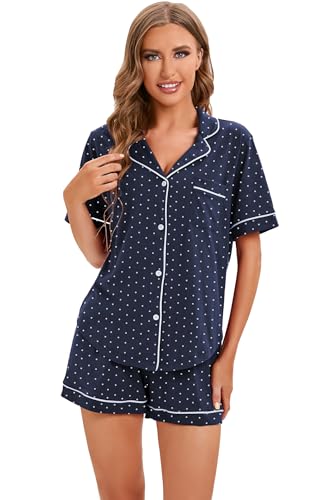 Image of LUBOT 100% Cotton Pajamas for Women 2 Piece PJ Set Button-Down Soft Knit Short Sleeve Summer Sleepwear Loungewear XS-XXL