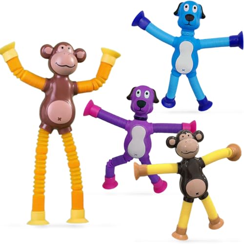SIVZUMO 4 pz Giocattolo Giraffa con Ventosa Telescopica, Spremere Giocatt per Bambini, Telescopiche Antistress Gioco, Giocattolo Educativo Contro Lo Stress - Cani e scimmie