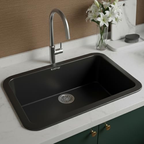 Image of BASINQU Quartz Sink for Kitchen | 24x18x9 Inches Black Single Bowl Sink For Kitchen Basin Round Corner Kitchen Sink | Granite UV Protected Scratch Resistant, Undermount /Topmount Kitchen Sinks