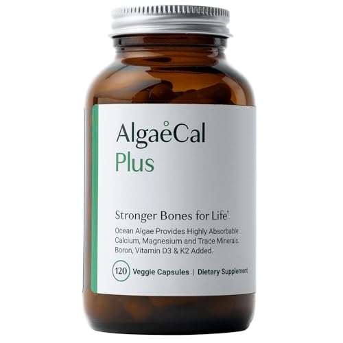 ALGAECAL Organic Red Algae Calcium Supplement for Bone Density, Vitamin K2 MK7 (100mg), Vitamin D3 (1600 IU), Magnesium (350mg) & Trace Minerals & Strength, Easy to Swallow, 120 Veggie Caps
