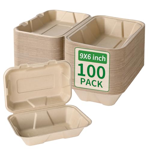 Aricsen Compostable 100 Pack 9x6 Inch Takeout Lunch Box Containers with Lid To Go Take Out Clamshell for Food...