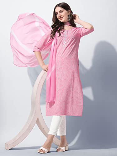 Image of MIRCHI FASHION Women's Straight Fit Pure Cotton Embellished Floral Printed Kurta Set with Dupatta and Trouser