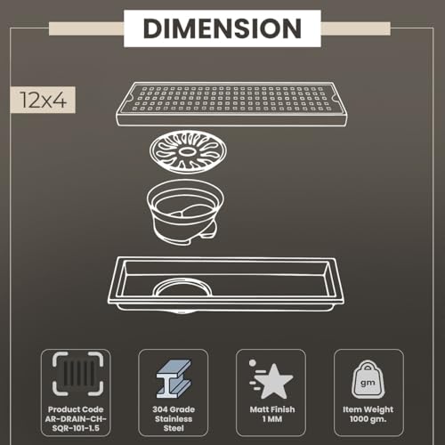 Image of EVANEX Linear Shower Drain Channel | 12x4 Inches Bathroom Drainer | Waste Water Linear Floor Drain Channel | 304 Stainless Steel Bathroom Drainer with Anti Cockroach Trap | Bathroom Jali