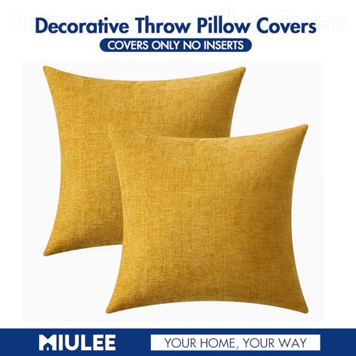 Image of MIULEE Pack of 2 Mustard Yellow Throw Pillow Covers 18x18 Inch Soft Spring Chenille Pillow Covers for Sofa Living Room Couch Solid Dyed Cases