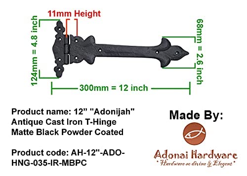 Image of Adonai Hardware Adonijah Antique Cast Iron Strap T Hinge (12 inch X 2 Pack, Matte Black) for Barn Doors, Gates, Shutters, Garages, Wooden Box, Fences, Sheds, Furniture, Chest and Trunks