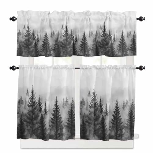 Retro Mist Forest Kitchen Curtains 24 Inch Length,3 Piece Rod Pocket Small Half Tiers and Valance Set,Watercolor Mountains Nature Landscape Small Large Window Treatment Decor for Bedroom/Bathroom