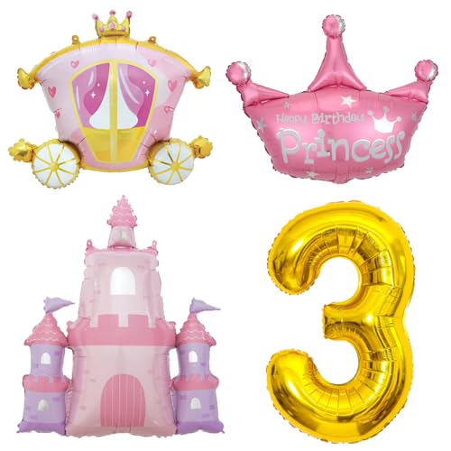 Globos de princesa para decoración de fiesta de cumpleaños de 3er cumpleaños de niñas, corona de oro rosa, globo de castillo rosa, globo de carruaje dorado de 40 pulgadas, globo de aluminio de número