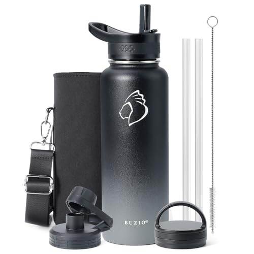 BUZIO 40 oz Water Bottle, Stainless Steel Insulated Water Flask with Straw Lids, Canteen Metal Thermo Mug Hydro Cup Jug, Double Vacuum Hot Cold Water Bottles with Carrying Pouch, Black and Gray