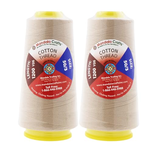 Image of Mandala Crafts Cream Mercerized Cotton Thread Cones for Sewing Quilting | 2400 Yds 50 WT, 100% Long Staple Cotton, Multipurpose, for Embroidery, Piecing, Sergers, Applique, Machine and Hand Sewing