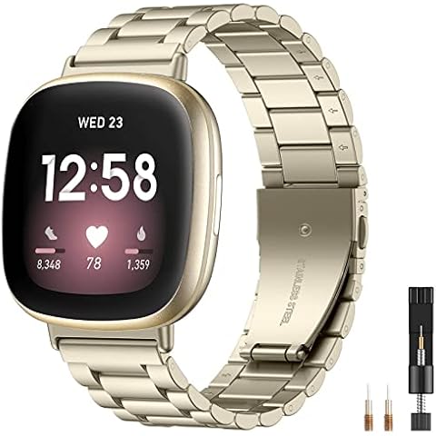 CeMiKa Metal Strap Compatible with Fitbit Versa 4 Strap/Versa 3 Strap, Adjustable Stainless Steel Metal Band with Double Folding Clasp for Fitbit Versa 4/Versa 3/Sense 2/Sense, VintageGold Cover