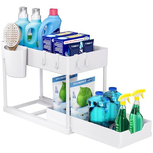 Puricon 1 Pack Under Sink Storage Kitchen Organiser, 2 Tier Under Sink Shelf with Slide Out Drawer, Multi-Purpose Storage Rack for Countertop Laundry -White