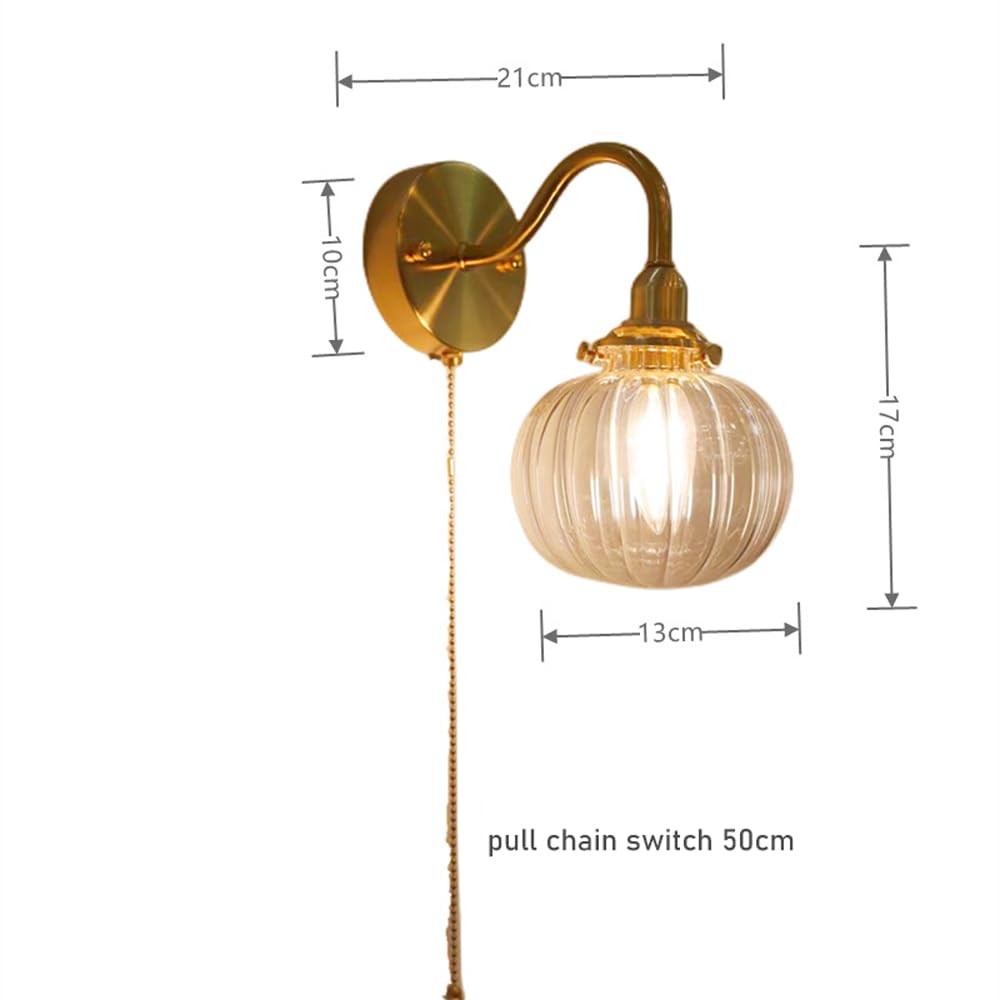 Applique Murale en Verre Style Citrouille Nordique, Finition Laiton Antique Moderne, avec Interrupteur à Tirette, luminaire décoratif d'intérieur rétro doré, culot E14, glob