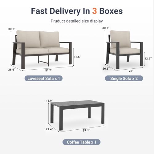 Image of UDPATIO Aluminum Outdoor Patio Furniture Set 4-Seat Metal Patio Conversation Sets with Coffee Table and Water-Resistant Cushions, Modern Patio Sectional Sofa for Porch, Deck, Backyard, Poolside