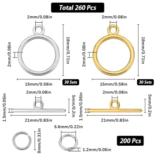 SUNNYCLUE 1 Box 60 Sets OT Clasps Gold Toggle Clasp 200Pcs Stainless Steel Open Jump Rings Tibetan Silver Alloy Round Metal Toggle Clasps Connectors for Jewellery Making DIY Crafts Necklace Bracelet - Image 2