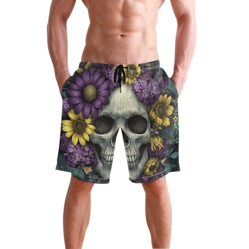Custom Sugar Skull Purple Yellow Flower Mens Swim Trunks Quick Dry Beach Shorts with Pocket S 202c0774