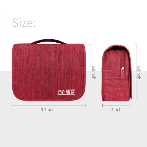 Image of Lcsmaokin Large Capacity Toiletry Bag Travel Bag with Hanging Hook for Men and Women Waterproof Travel Cosmetic Bag Bathroom Storage Bag for Brushes Set, Full-Sized Shampoo, Toiletries, Wine Red