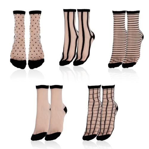 Image of 5 Pairs Sock Candy Sheer Socks Women Black Sheer Transparent Socks Ankle Ultra-Thin Triped Plaid Dot See Through Mesh Sock