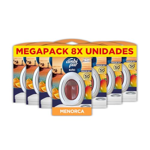Ambipur Ambientador Para Baño, Elimina y Previede De Malos Olores En El Cuarto De Baño, Fragancia Atardecer en Menorca, Pack de 8 Unidades