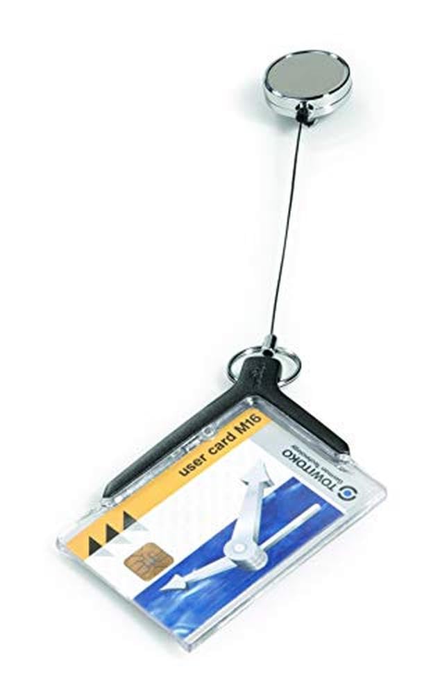 Durable 830758 - Card Holder De Luxe Pro, portabadge con chiocciola yo-yo cromata, 1 tessera/badge, clip in metallo, 54x87 mm, carbone, conf. da 10 pezzi