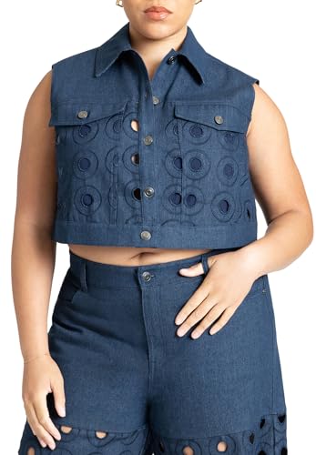 ELOQUII Women's Plus Size Circular Cutout Denim Vest