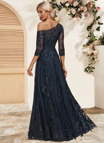 Long Sleeve Mother of The Bride Dresses for Women A Line Lace Appliqued Formal Dress One Shoulder Tulle Evening Gown2