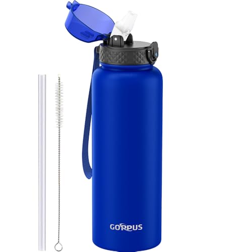 GOPPUS 1.2L/40oz Stainless Water Bottle with Straw Double Wall Insulated Bottles with Strap Large Vacuum Thermal Flask Leakproof Keep Cold Drinks Bottles with Flip Top Lid for Men Women BPA Free
