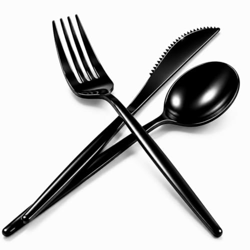 120pcs Black Plastic Silverware Disposable Black Plastic Utensils Heavy Duty includes Forks and Spoons and Knives Sets Disposable Cutlery Set Sturdy for Birthday Prom Graduation Happy New Year