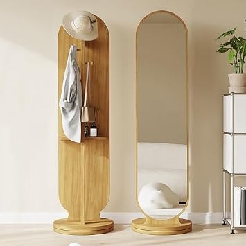 360  Swivel Full Length Floor Mirror with Coat Rack and Shelf for Bedroom and Living Room Organization
