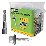 CAMNWAMN 300 Pcs, #10 x 1 Inch Hex Head Metal Roofing Screws, Zinc Plated Sharp Point Sheet Metal Roof Screw with Rubber Washer, Self Tapping Metal to Wood Siding Screws, Hex Socket Included