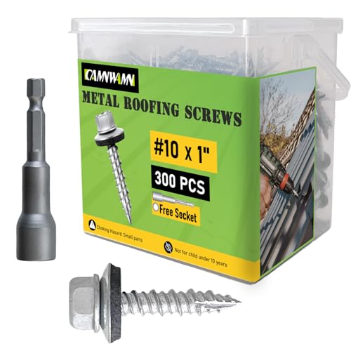 CAMNWAMN 300 Pcs, #10 x 1 Inch Hex Head Metal Roofing Screws, Zinc Plated Sharp Point Sheet Metal...