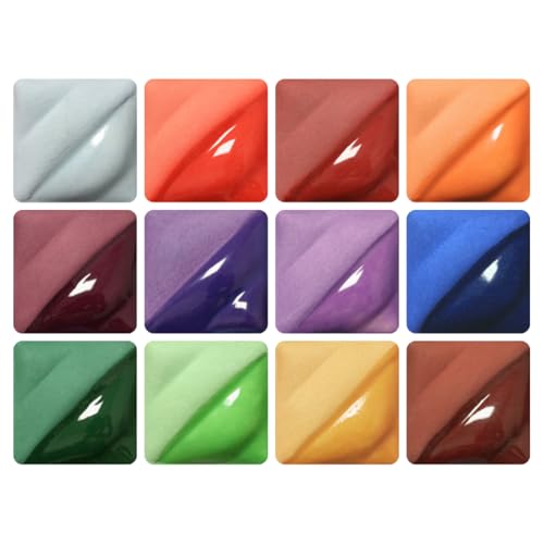 AMACO Velvet Underglazes 12-Count Set No. 3, 12 Assorted Colors in 2 oz. (59 mL) Jars, Cone 05-10 (V) Underglazes for Bisque and Wet/Unfired Clay