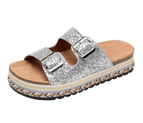 Womens Sandals Cork Footbed Slide Comfortable Summer Beach Shoes Platform Suede Leather with Arch Support Slippers Adjustable Buckle Rubber Sole