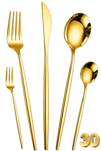Image of Slim Handle Gold 30 Pcs Stainless Steel Cutlery Set for Dining Table, Dishwasher Safe Glossy Flatware (6 Spoon Set+6 Forks Set+6 Butter Knife+6 Dessert Spoon+ 6 Fruit Fork)