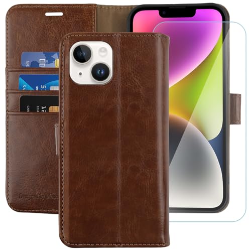 Image of MONASAY Vegan Leather Fit for iPhone-14 /13 5G Wallet Case, 6.1-inch, [Glass Screen Protector Included] [RFID Blocking] Flip Folio Phone Cover with Credit Card Holder,Brown