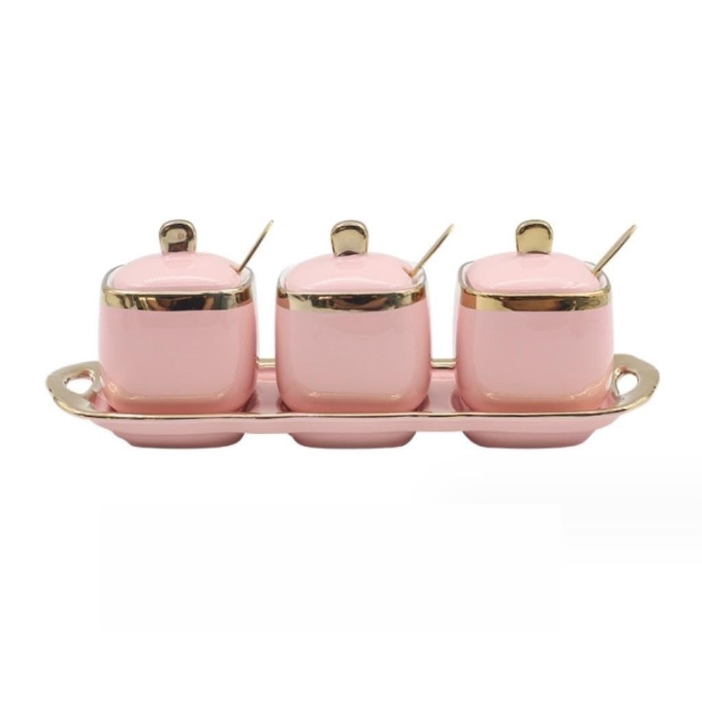 SAeWare Tarro de condimentos, contenedor de especias de cerámica, tarro de condimentos, salero, botella de condimentos, tarro de azúcar, caja de condimentos, encimera de cocina, rosa, 3 piezas