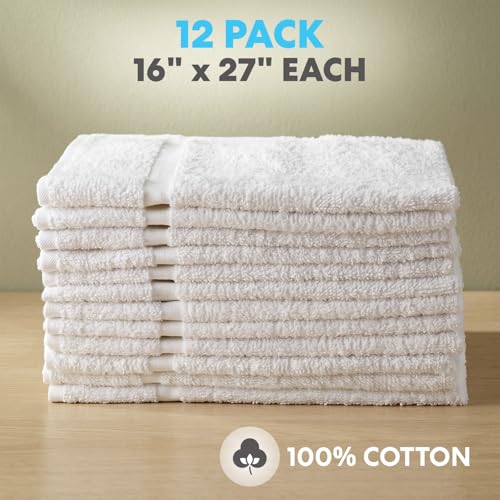 Image of Simpli-Magic Cotton Hand Towels 16 inchx27 inch (12 Pack) - Soft Towels for Bathroom, Kitchen, Salon & Gym (White)